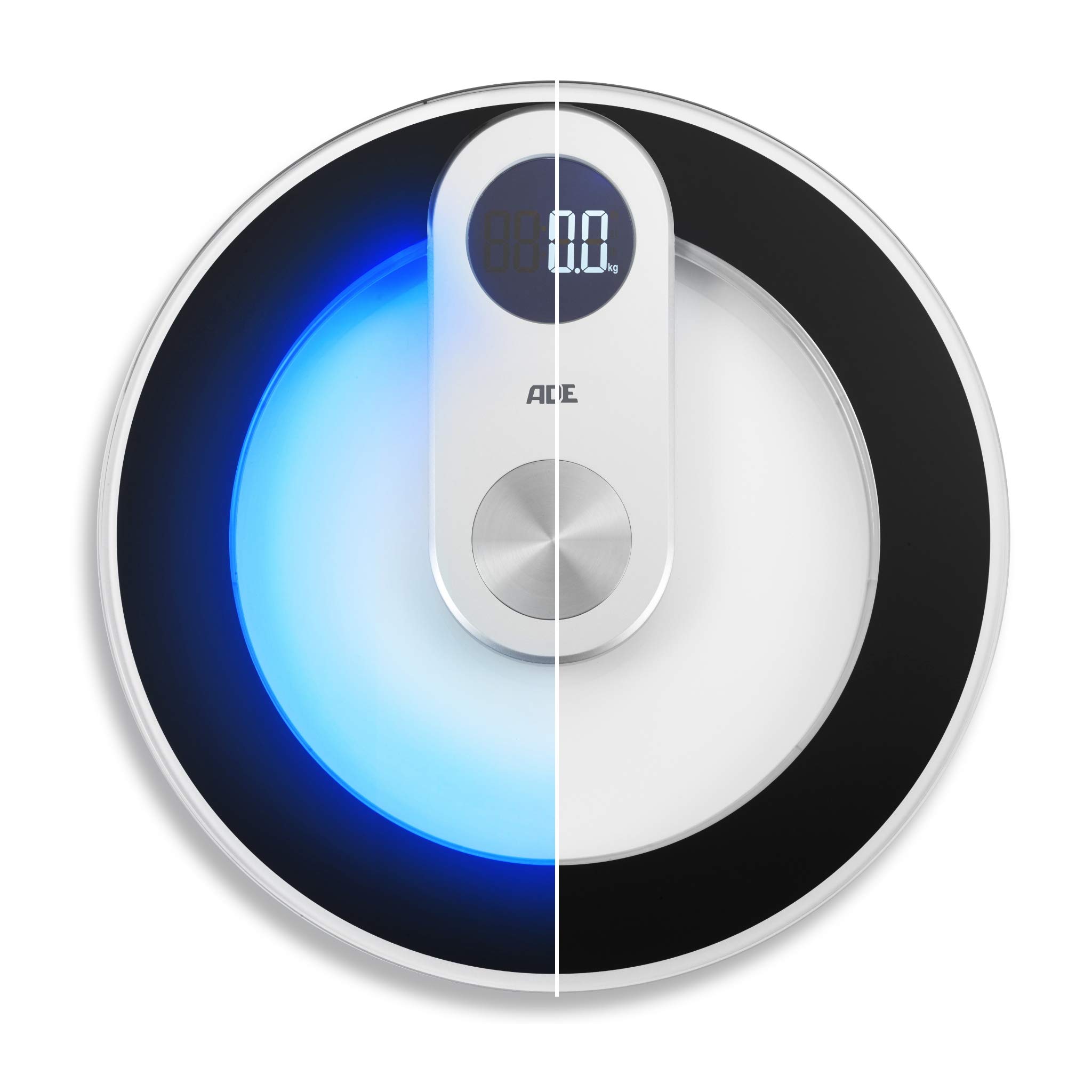 ADE BE1700 Iris Digital bathroom scale. Precise up to 180kg. Tempered safety glass. Futuristic design. Backlit blue display. 33 x 2.7 cm. Incl. Batteries