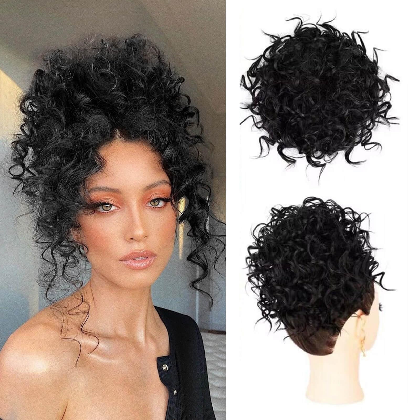 Flyroseing Elastic Drawstring Messy Bun Hair Piece,Synthetic Hair Bun Extensions,Fake Hair Curly Bun Hair Piece Clip Black Women Hair Bun Clips