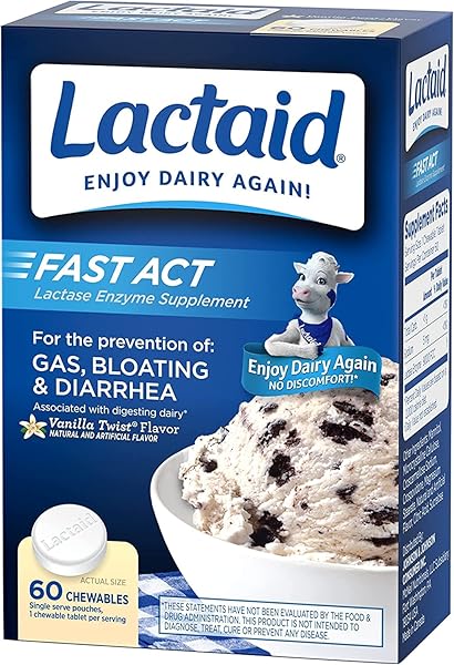 LACTAID FAST ACT LACTOSE INTOLERANCE RELIEF CHEWABLES WITH NATURAL LACTASE ENZYME TO PREVENT GAS, BLOATING & DIARRHEA DUE TO LACTOSE SENSITIVITY, ON-THE-GO, VANILLA TWIST FLAVOR, 60 X 1 CT