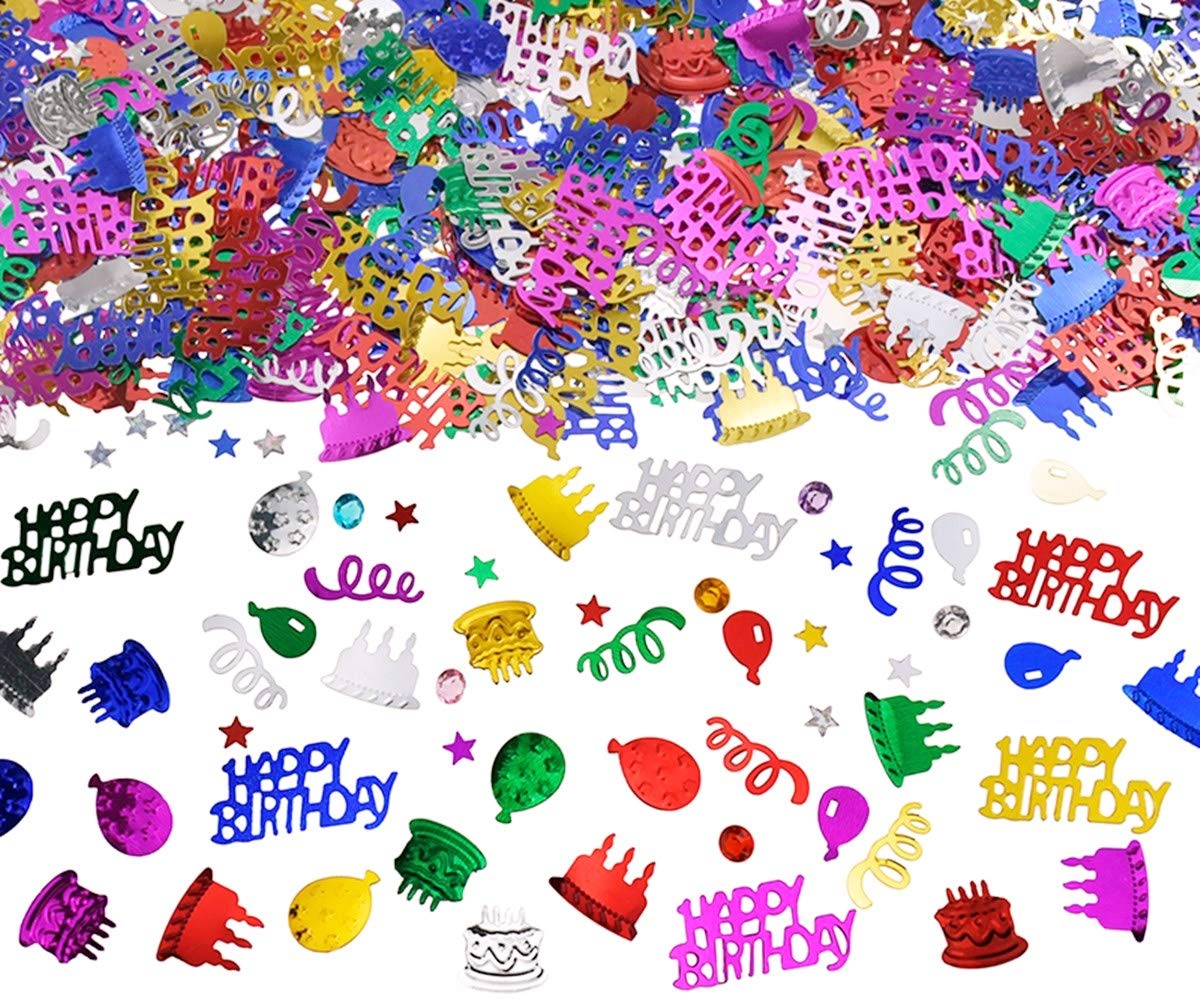 KIPETTO 5000Pcs Happy Birthday Confetti Multicolor Glitter Birthday Cake Balloon Ribbon Confetti Sequins Table Decoration DIY Crafts