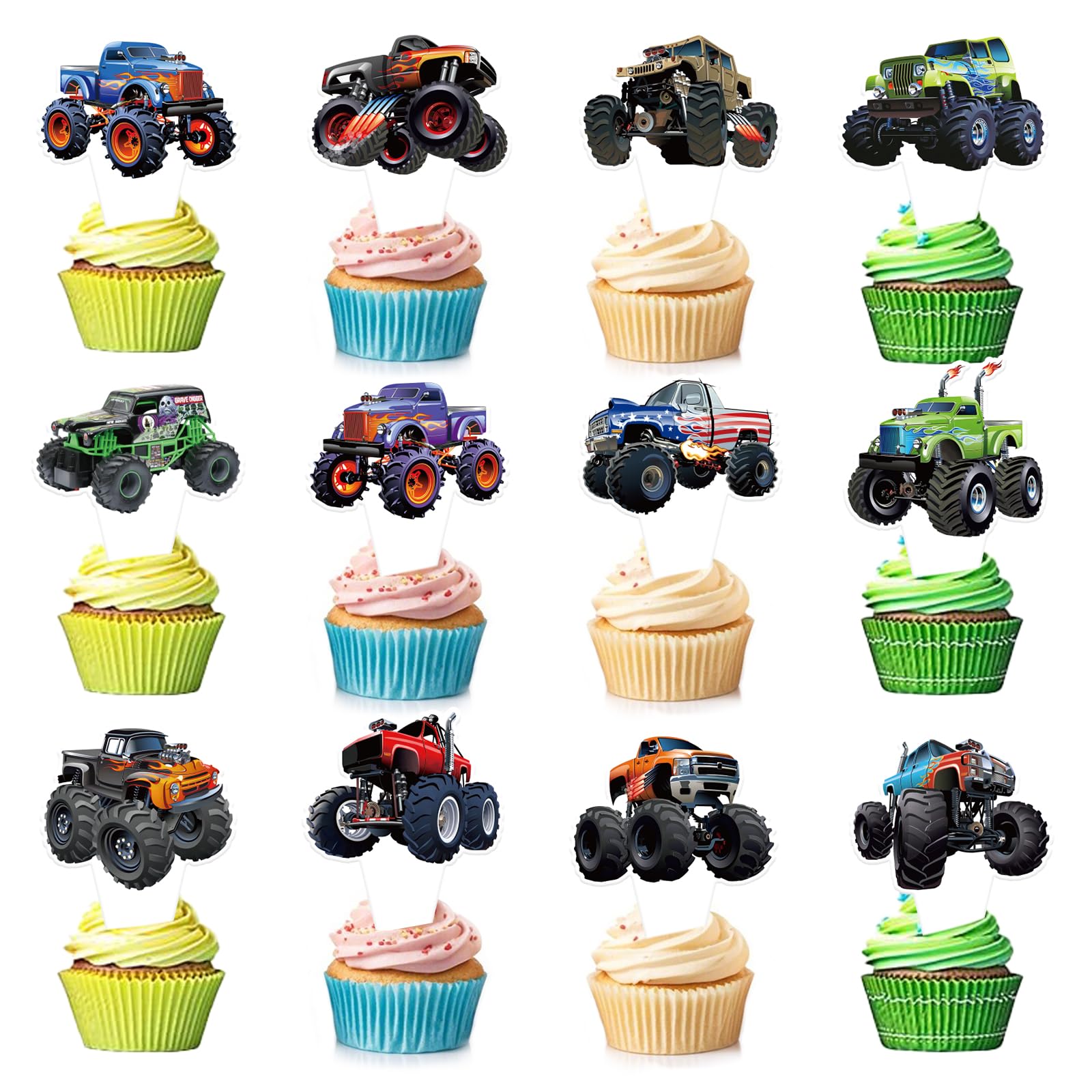 36 PCS Monster Truck Cupcake Toppers Truck Car Theme Birthday Party Decorations Racing Car Theme Birthday Decoration for Boys Girls Baby Shower Kids Cake Decorations Party Decor Party Supplies