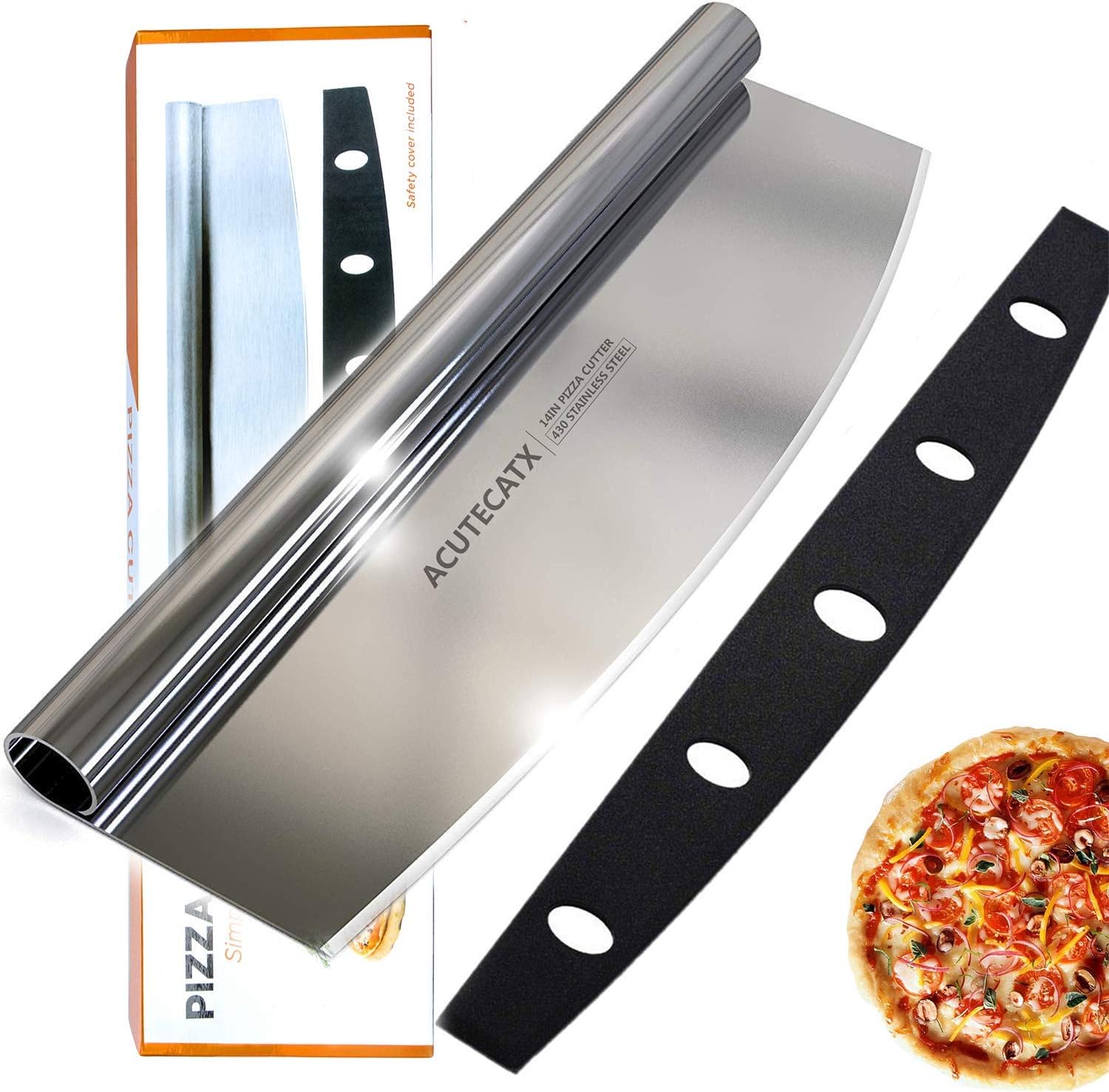 ACUTECATX 14-Inch Pizza Cutter Rocker Blade Stainless Steel Dishwasher Safe Sharp Rocker Slicer Knife with Cover - Best Way To Cut Pizzas