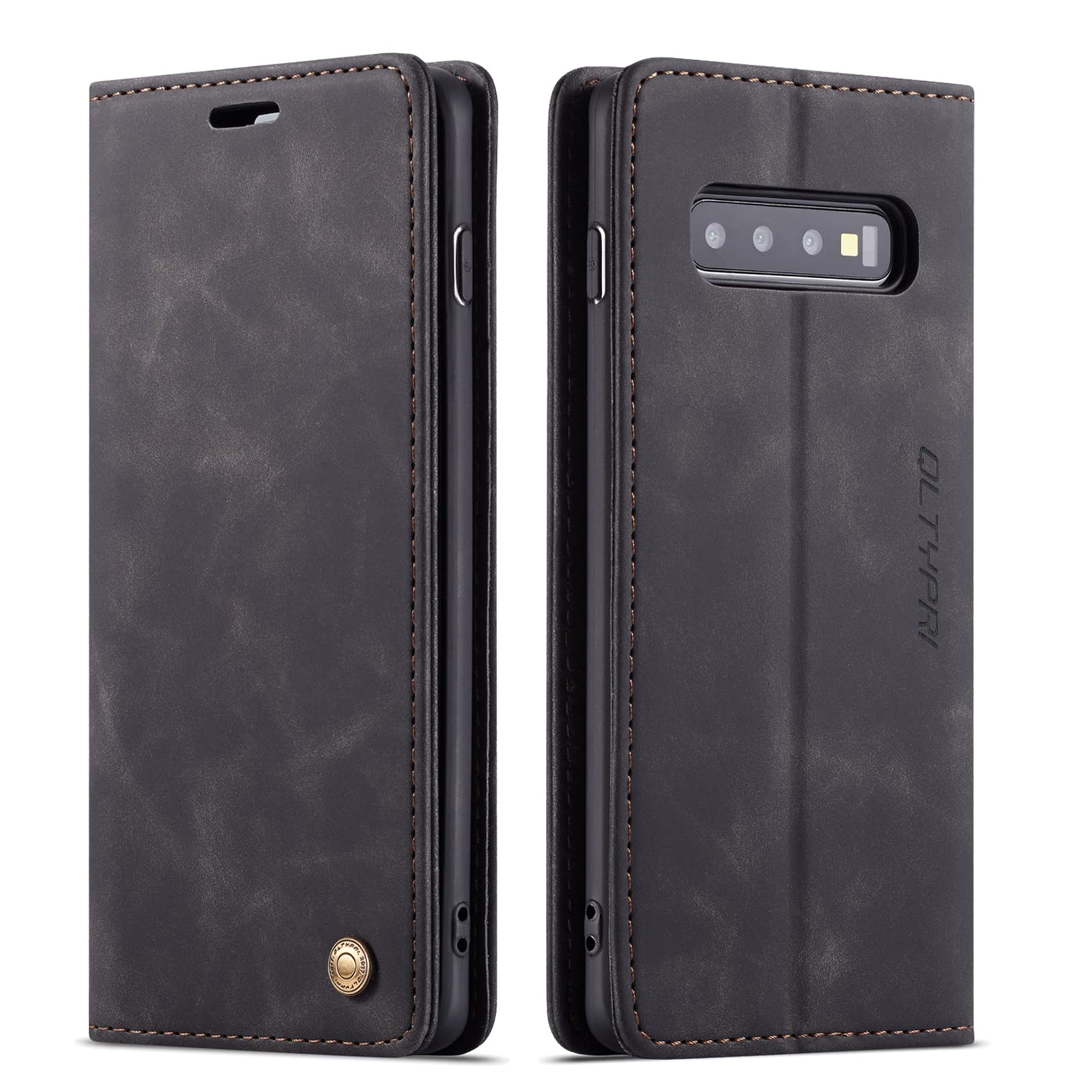 QLTYPRI Case for Samsung Galaxy S10 Plus, Vintage PU Leather Wallet Case Card Slot Kickstand Magnetic Closure Shockproof Flip Folio Case Cover for Samsung Galaxy S10 Plus - Black