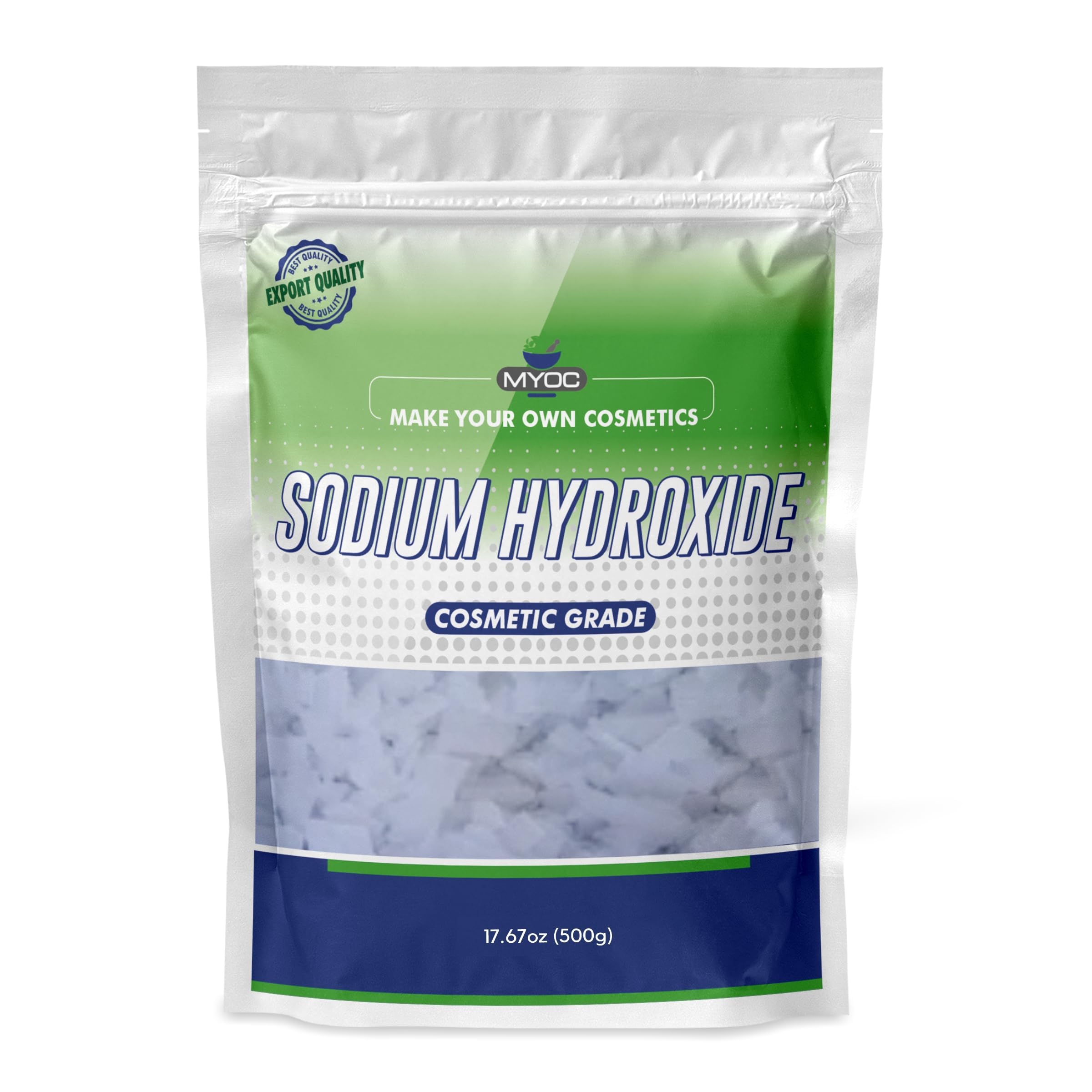 MYOC Sodium Hydroxide Flakes – 17.63oz (500gm), Sodium Hydroxide for soap Making, Cosmetics, Make up, Beauty and Personal Care Products.