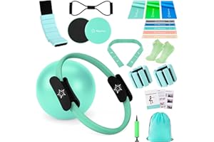 MUURUU Pilates Equipment Kit for Home Workout, Pilates Ring and Ball Set for Women, 14'' Magic Circle Essentials Accessories Kit with Wrist Weights, Resistance Bands, Yoga Strap, Core Sliders, Socks, Bag