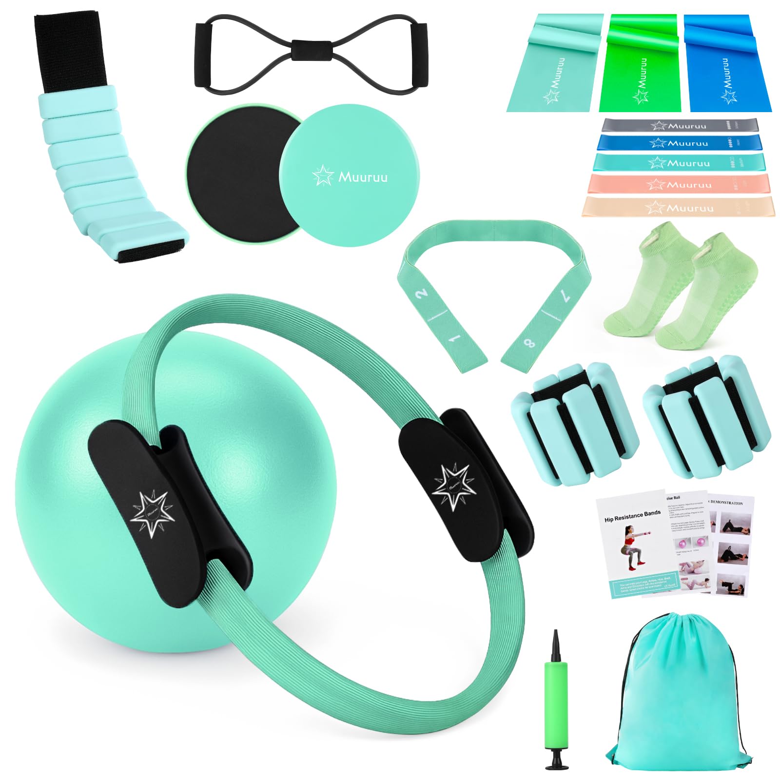 Photo 1 of Pilates Equipment Kit for Home Workout, Pilates Ring and Ball Set for Women, 14'' Magic Circle Essentials Accessories Kit with Wrist Weights, Resistance Bands, Yoga Strap, Core Sliders, Socks, Bag