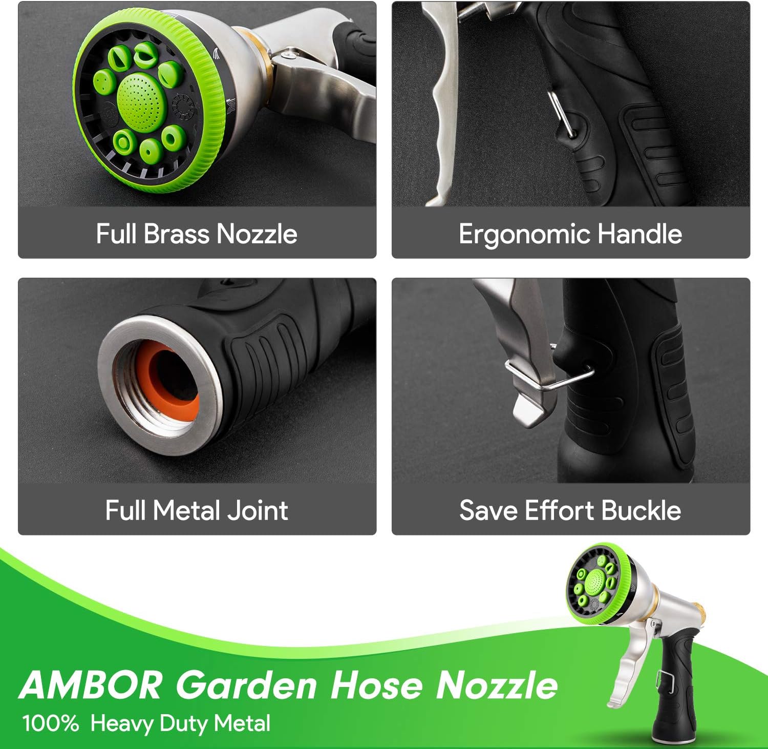 AMBOR Water Hose Nozzle Spray Nozzle, Heavy Duty Metal Garden Hose Nozzle High Pressure Nozzle with 9 Adjustable Patterns, Perfect for Watering Plants, Washing Cars and Showering Pets : Garden & Outdoor