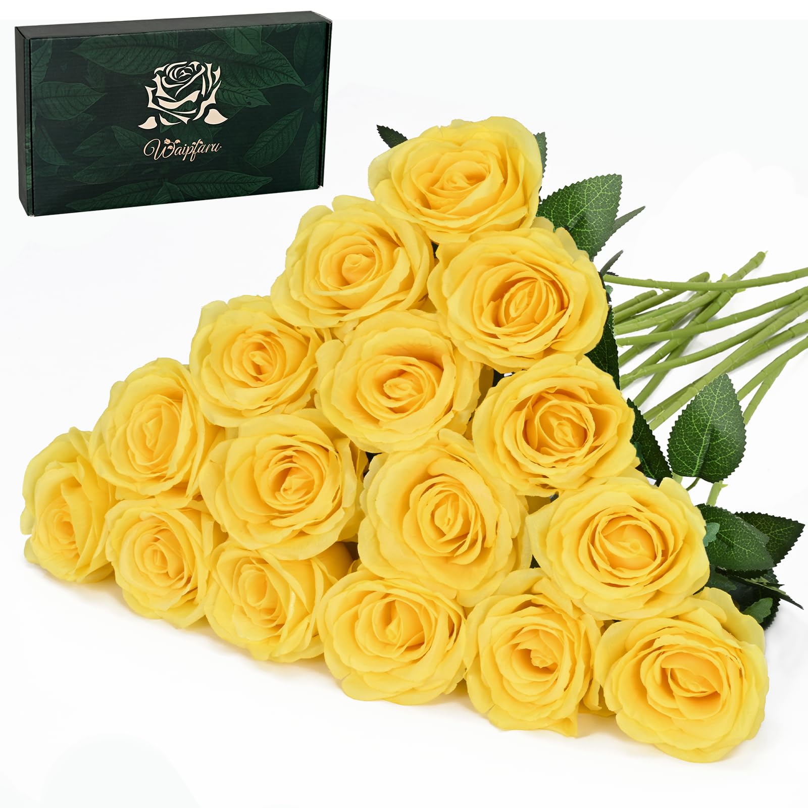 Photo 1 of (USED/FAIR) Waipfaru 16 Pcs Mothers Day Fake Roses, Silk Yellow Roses Artificial Flowers with Long Stems for Valentines Day Wedding Bouquet Vase, Cemetery Flowers for Grave (Yellow)