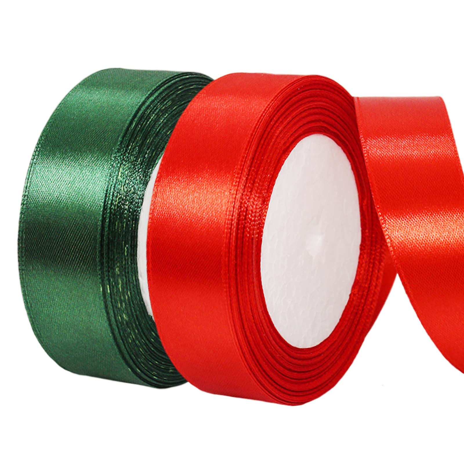 2 x 25mm Red and Green Ribbon Thick Christmas Ribbon for Gift Wrapping 22m, 1 inch Red and Green Satin Ribbon for Christmas Cake Xmas Present Wrapping Hair Bow Crafts Decorations