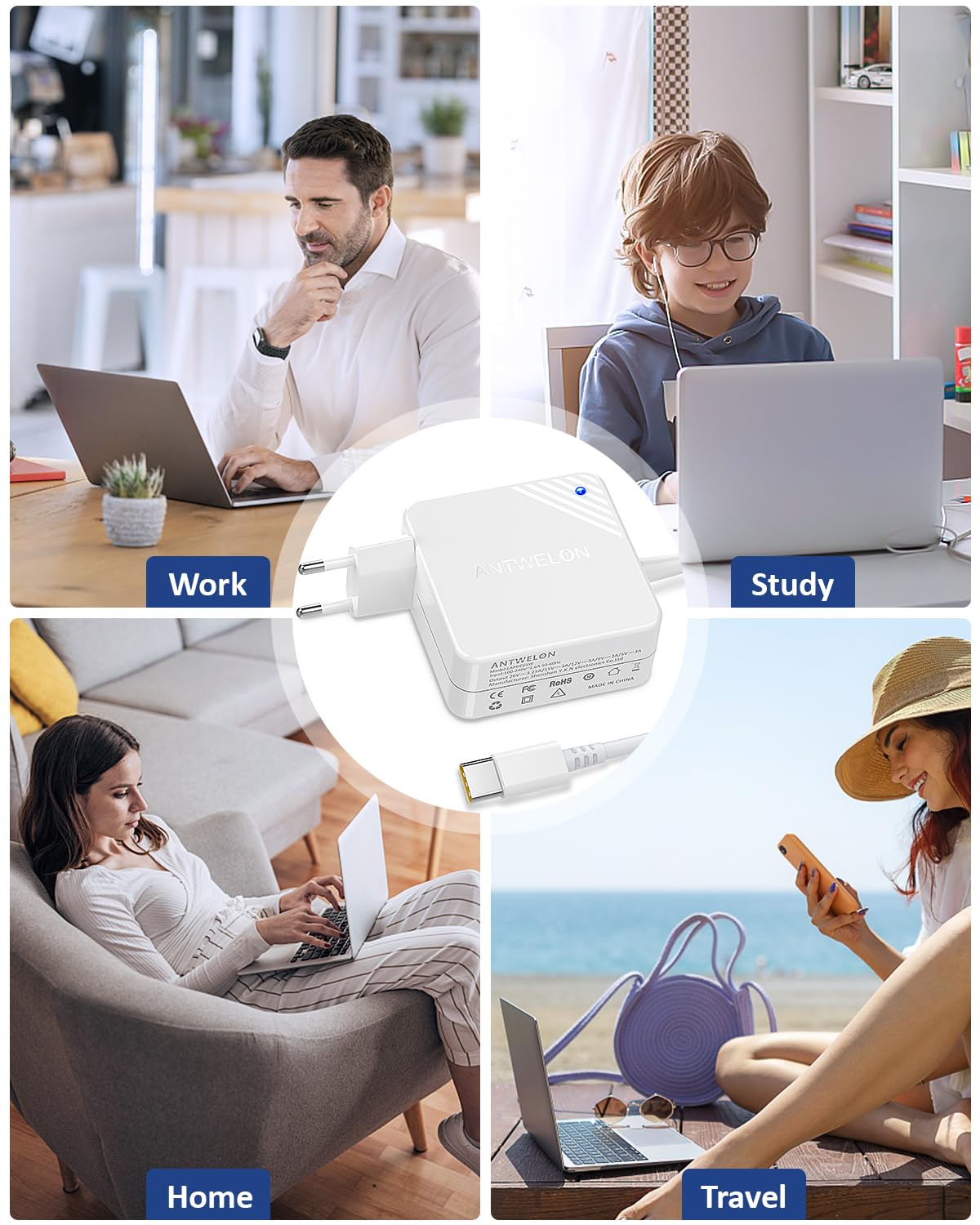 ANTWELON 65W USB C Netzteil Laptop Ladekabel für Lenovo Thinkpad Yoga, Asus, MacBook Pro, Dell Latitude Inspiron,HP Spectre, Acer Chromebook Matebook Wallplug 20V 3,25A TYPEC Ladegerät 7