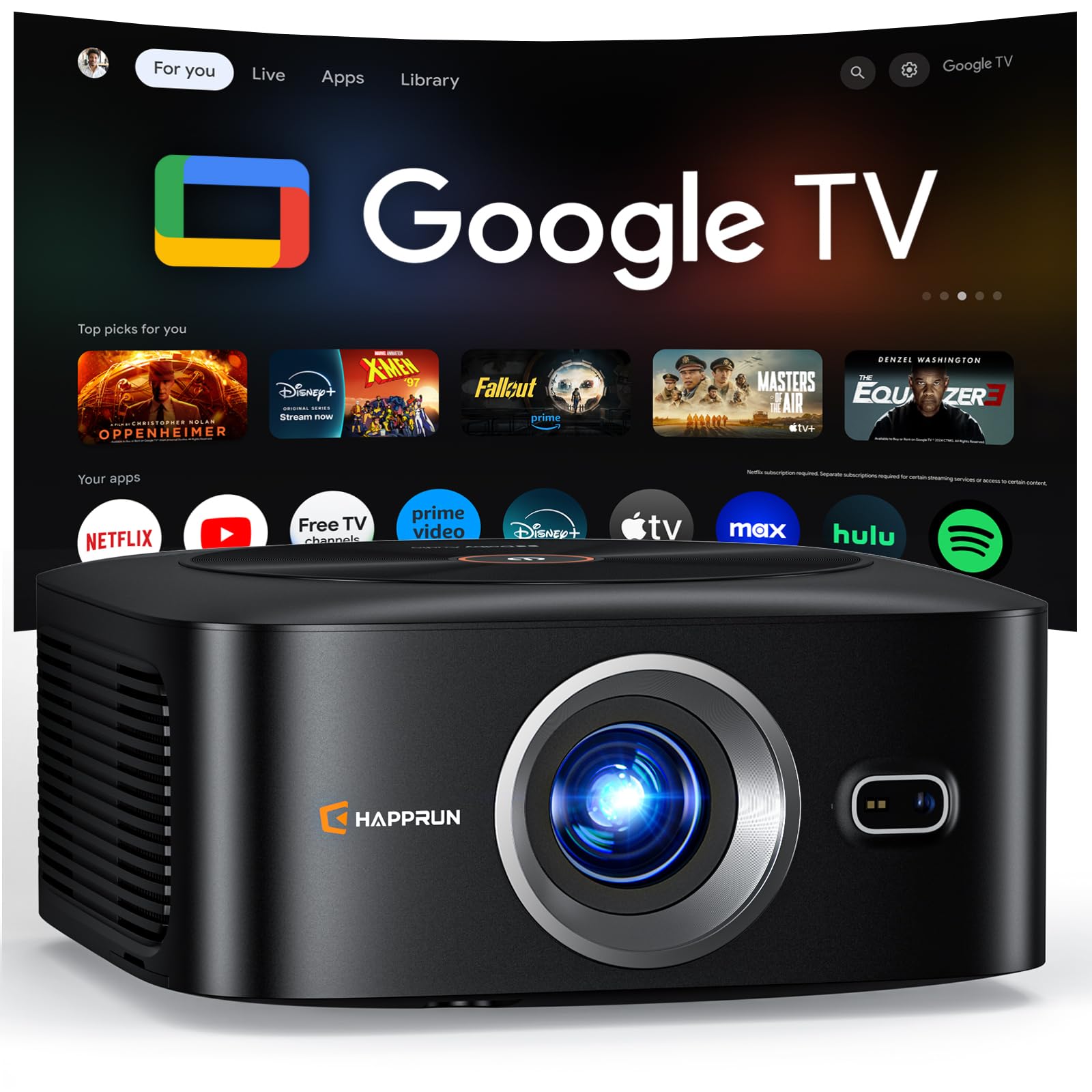 HAPPRUN 1500 ANSI Official Licensed Google TV Outdoor 4K Full HD Projector