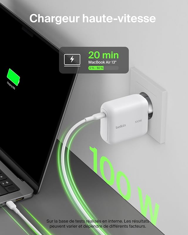 BoostCharge Chargeur Secteur GaN USB-C 100 W, Chargeur Compact Et Pliable, Recharge Rapide, pour iPhone 17, Samsung Galaxy S26, Pixel 10, AirPods, Tablette, MacBook, Chromebook - Blanc
