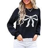 Women Cute Bow Knit Sweater Y2k Long Sleeve Crew Neck Knitted Pullover Top Oversized Going Out Fall Winter Knitwear