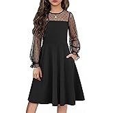 Flypigs Girl's Dress Sheer Mesh Puff Long Sleeve High Waist Party Dresses with Pockets for 6-13 Years