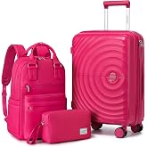 LARVENDER Expandable Carry On 3 Piece Luggage Set with Backpack 20 Inch | Rose Red,PP Hardshell Checked Luggage, Suitcase Set for Women, Spinner Wheels, Lightweight,22x14x9 Airline Approved