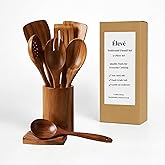 Élevé Natural Teak Wood Cooking & Serving Spoons Set (9-Piece) | Wooden Kitchen Utensils with Holder & Spoon Rest | Non-Stick Safe, Food-Grade, Durable & Elegant Cookware Tools