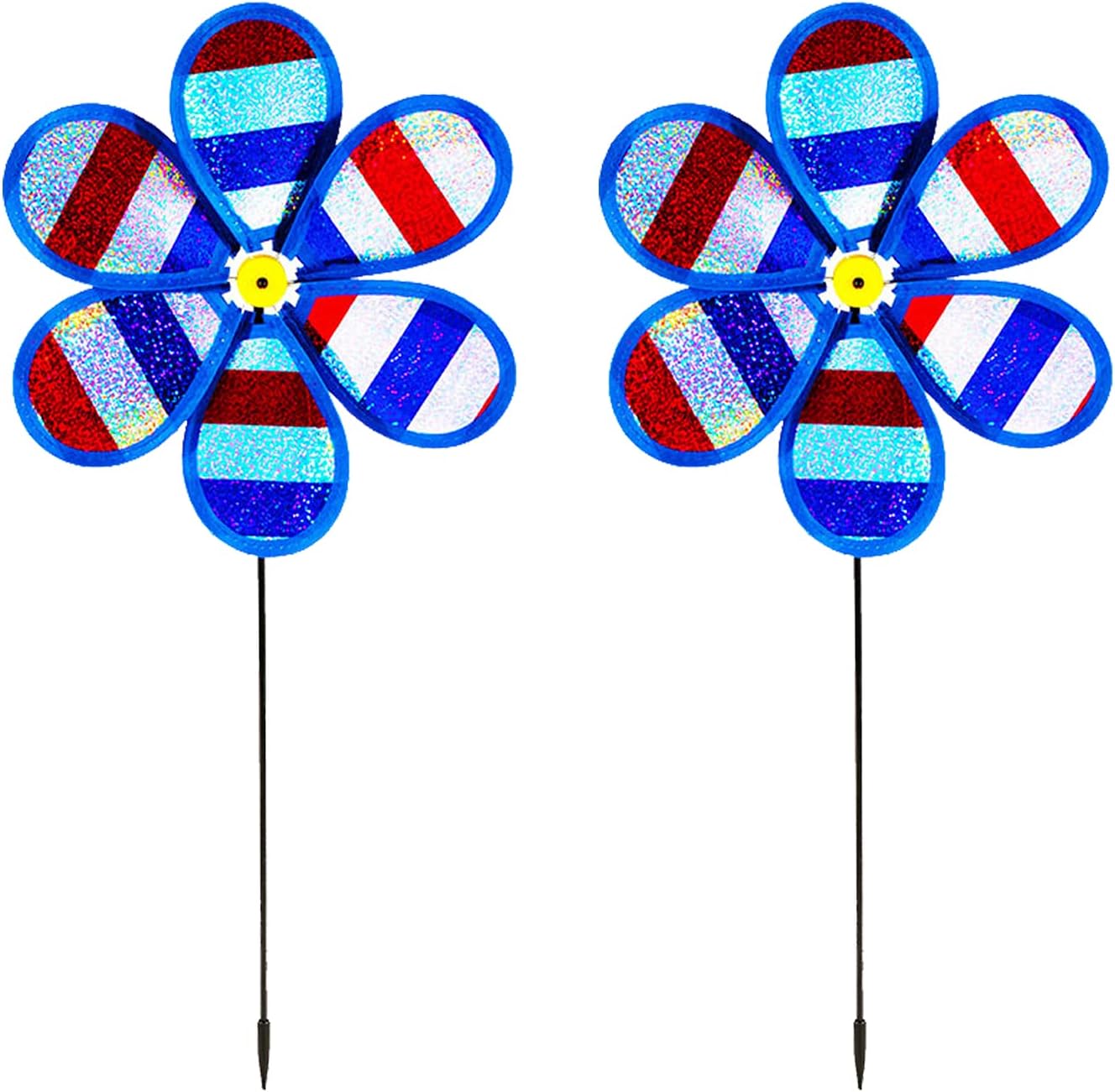 2PCS Wind Spinners Colorful Sequins Pinwheels 11inch Garden Windmill Red White Blue Stripe Party Pinwheel Toys Suitable for Garden, Party, Outdoor, Yard Decor