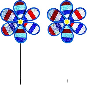 2PCS Wind Spinners Colorful Sequins Pinwheels 11inch Garden Windmill Red White Blue Stripe Party Pinwheel Toys Suitable for Garden, Party, Outdoor, Yard Decor