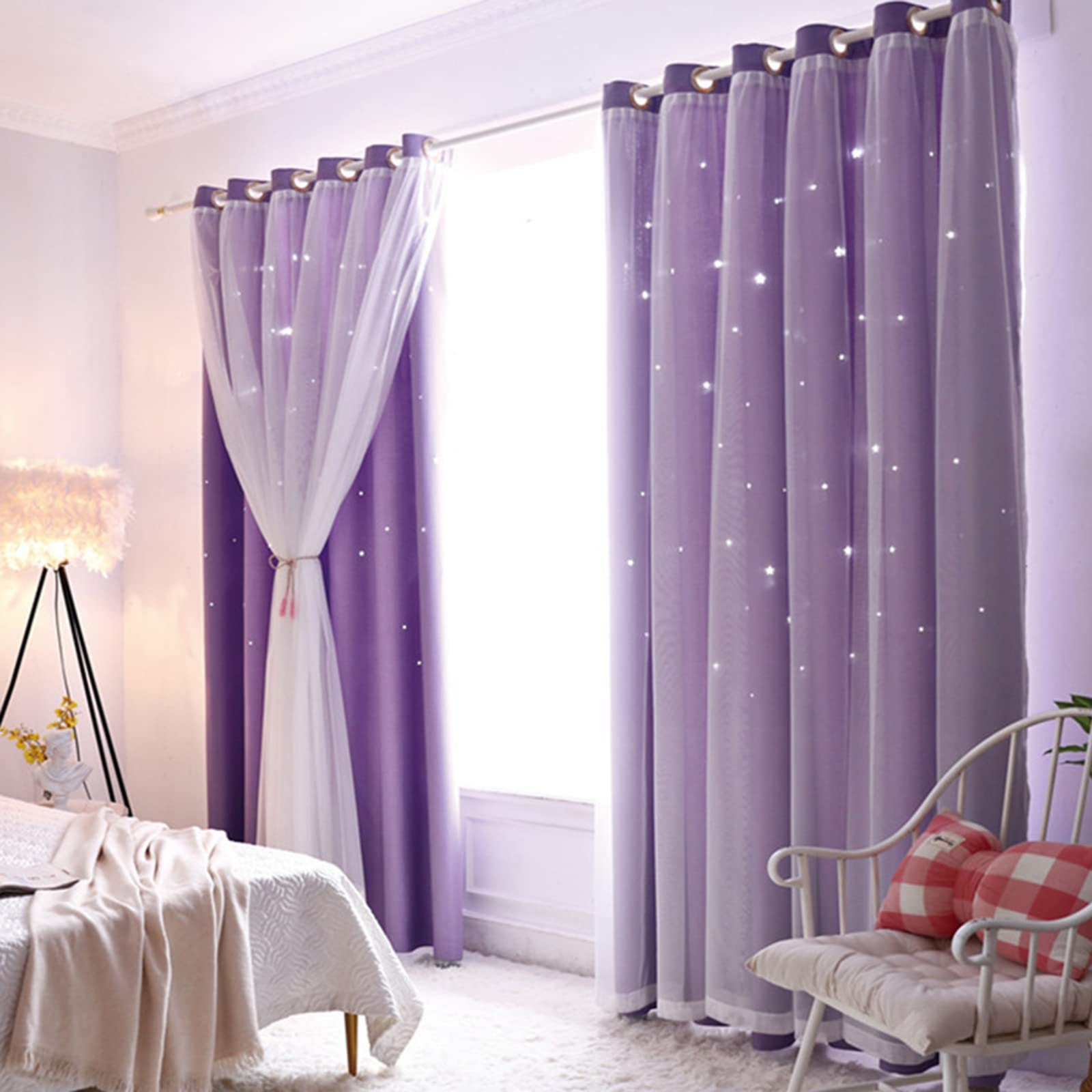 Lanqinglv Star Blackout Curtains with Nets,Lilac Star Panels Nursery Double Layer Window Curtains for Kids Girls Room Bedroom Living Room Decoration,2 Panels,W 52 in x L 84 in