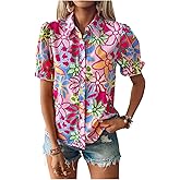 SweatyRocks Women's Floral Print Button Down Blouse Ruffle Short Puff Sleeve Boho Tops