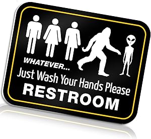 Funny Bathroom Sign for Restroom by Bigtime Signs | 11.5" x 8.75" Rigid PVC | All Gender Bigfoot & Alien Wash Your Hands Please