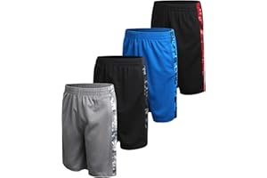 Pro Athlete Boys Basketball Shorts - 4 Pack Athletic Gym Shorts with Elastic Waistband & Zipper Pockets for Workout & Running