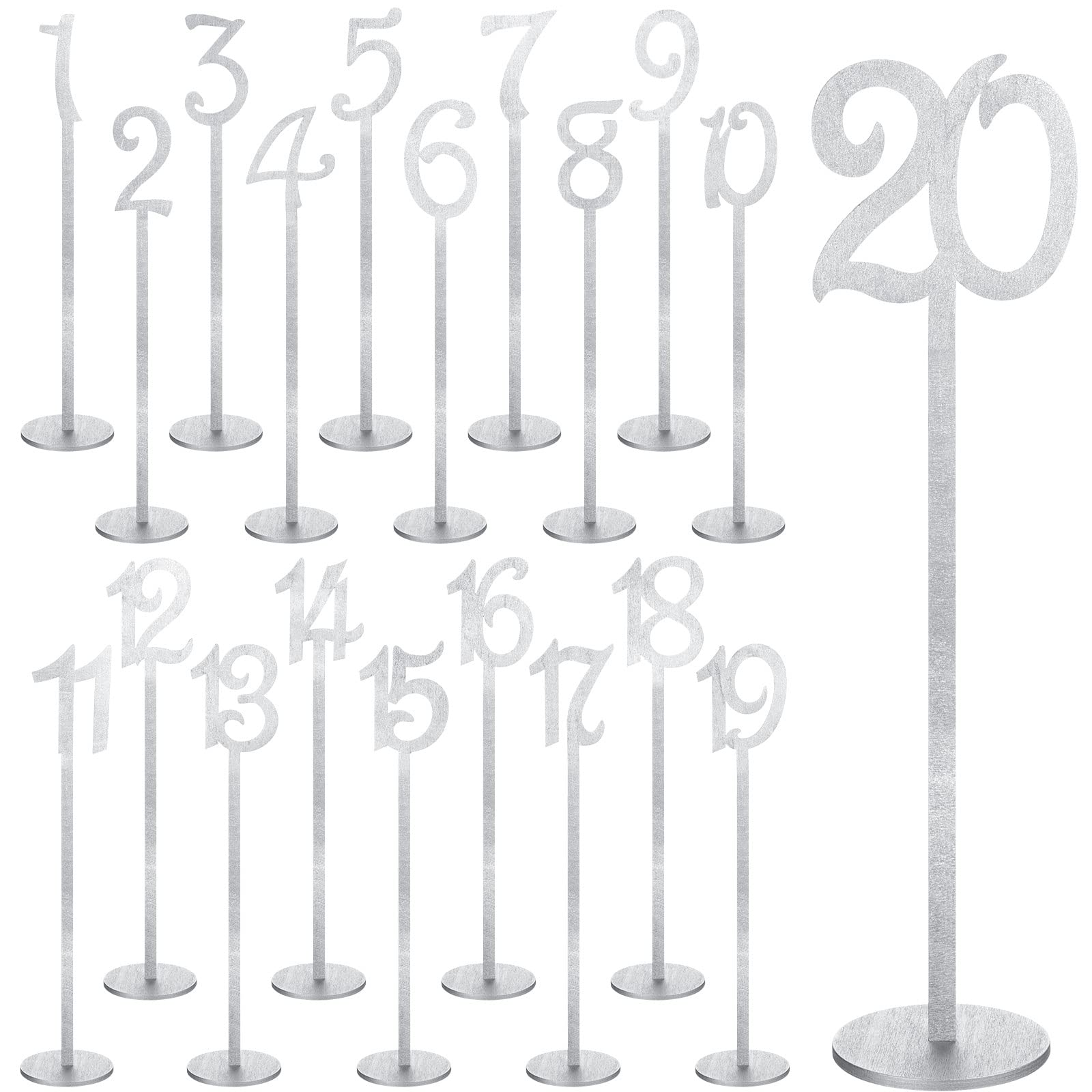 Photo 1 of 20 Pcs Table Numbers Wedding Table Numbers Wood Table Numbers for Wedding Reception Stands Seat Numbers with Holder Base Table Numbers for Wedding Party Event Catering, 1-20 (Silver)