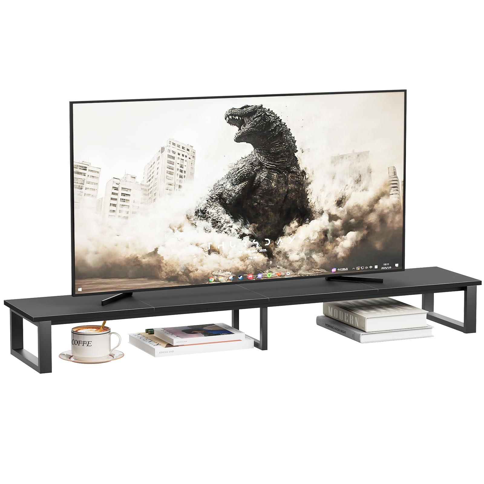 Photo 1 of 59" Large TV Riser Stand for 32-75 Inch TV, TV Shelf with Steel Legs, Tabletop TV Riser for Home Living Room, Study Office (Black)