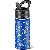 14 Oz Kids Water Bottle, Stainless Steel Water Bottle with Straws, Leak-Proof, BPA-Free, Insulated Water Bottles for School Boys & Girls|Blue Car