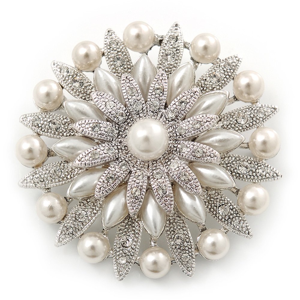 Bridal Vintage Inspired White Simulated Pearl, Austrian Crystal Layered Floral Brooch In Rhoduim Plating - 50mm Diameter