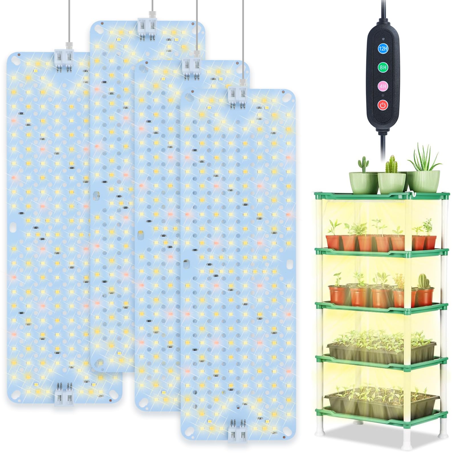 Photo 1 of 4Pack Flat Panel Grow Lights for Indoor Plants, Seed Starting, Vegetables with 4/8/12 Hr Timer, 40W Full Spectrum LED Plant Growing Lamps for Cabinet/Shelves/Greenhouse, Plug-and-Play, Connect Freely