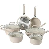Martha Stewart Heathland Premium Nonstick PFA Free Ceramic Interior 10-Piece Tapered Aluminum Cookware Set - Taupe