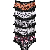 Morvia Halloween Printed Lace Trim Bikini Briefs for Women, 5 Pack, Gothic Skull and Pumpkin Panties, Soft Breathable, S-XXL