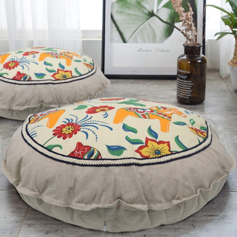 HIGOGOGO Round Floor Pillow, Flower Horse Pattern Meditation Pillow with Removable Pillow Case Braided Design Cotton Linen Seating Cushion for Living Room Yoga Room Home Decor, 22 Inch