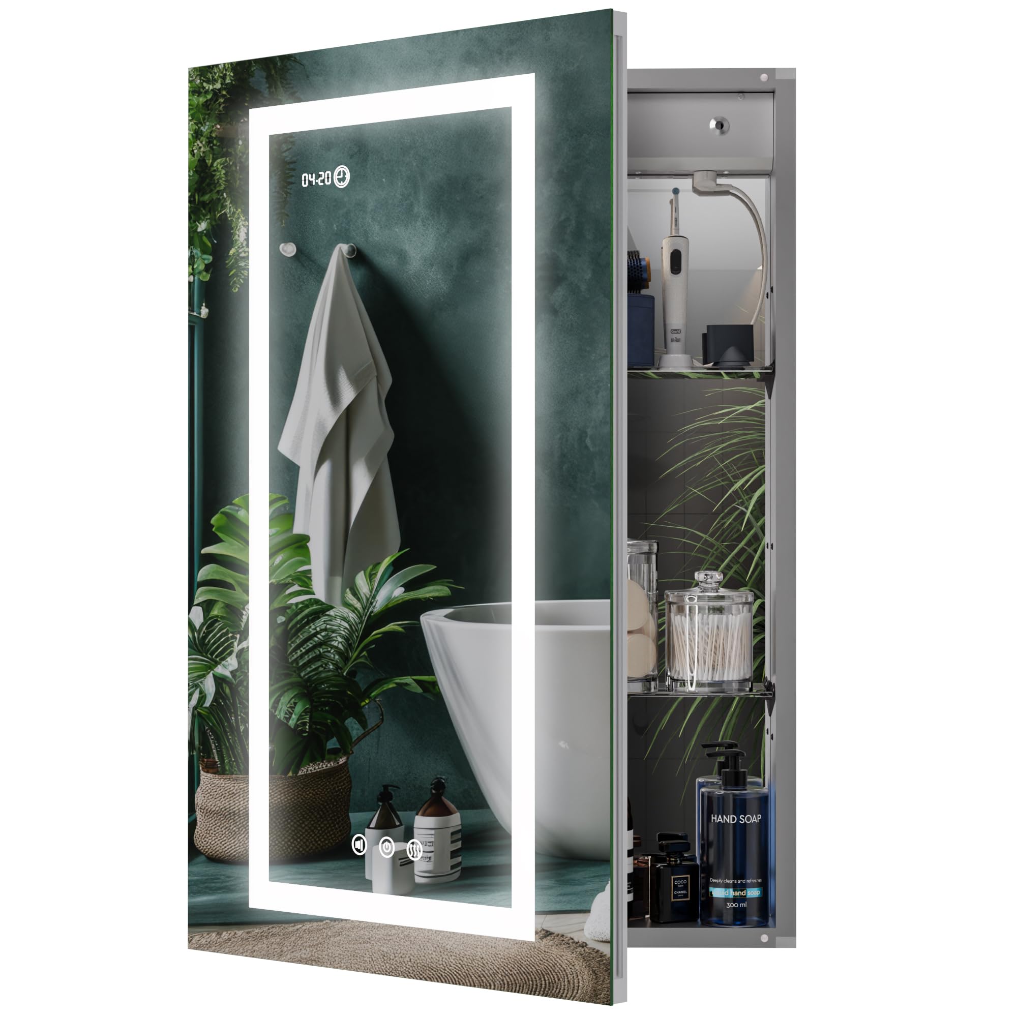 Photo 1 of *Cracked* KRISTALLUM LED Lighted Medicine Cabinet Front & Backlit Dimmable Colours, Clock & Temp, USB Outlets (24 x 32)