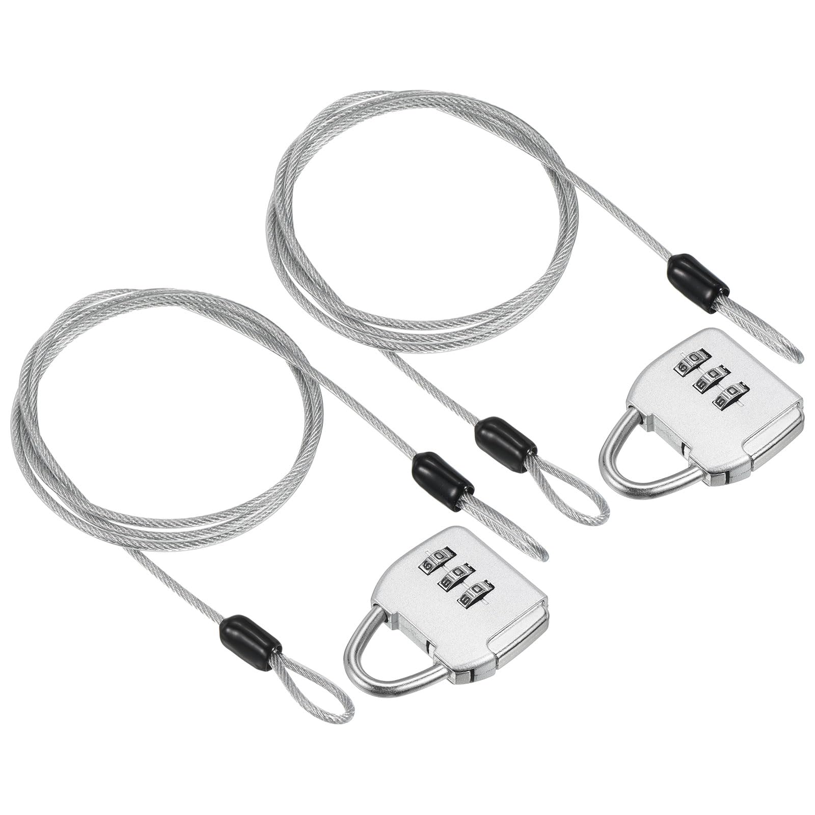 PATIKIL Security Steel Cable with 3 Digit Combination Lock, 2 Set Travel Padlock 3.3Ft Coated Safety Wire Rope Double Loop for Luggage Suitcase, Silver