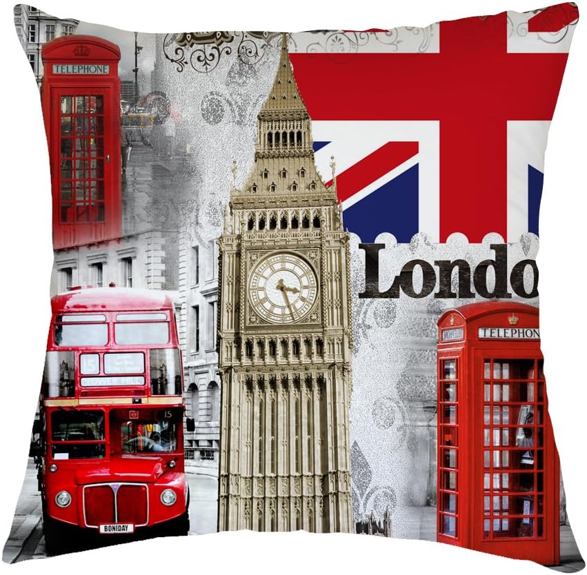 Retro London Union Jack Big Ben Polyester Throw Pillow Case Cushion Cover Home Sofa Decorative 18 X 18 Inch