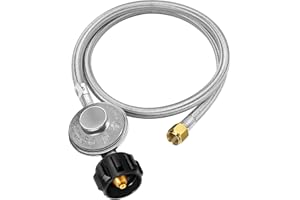 GasSaf 6 Feet Propane Regulator and Hose Universal Grill Regulator Replacement with Stainless Steel Braided Hose for QCC1 Low Pressur LP Gas Grill, Heater and Fire Pit Table,3/8" Female Flare Nut