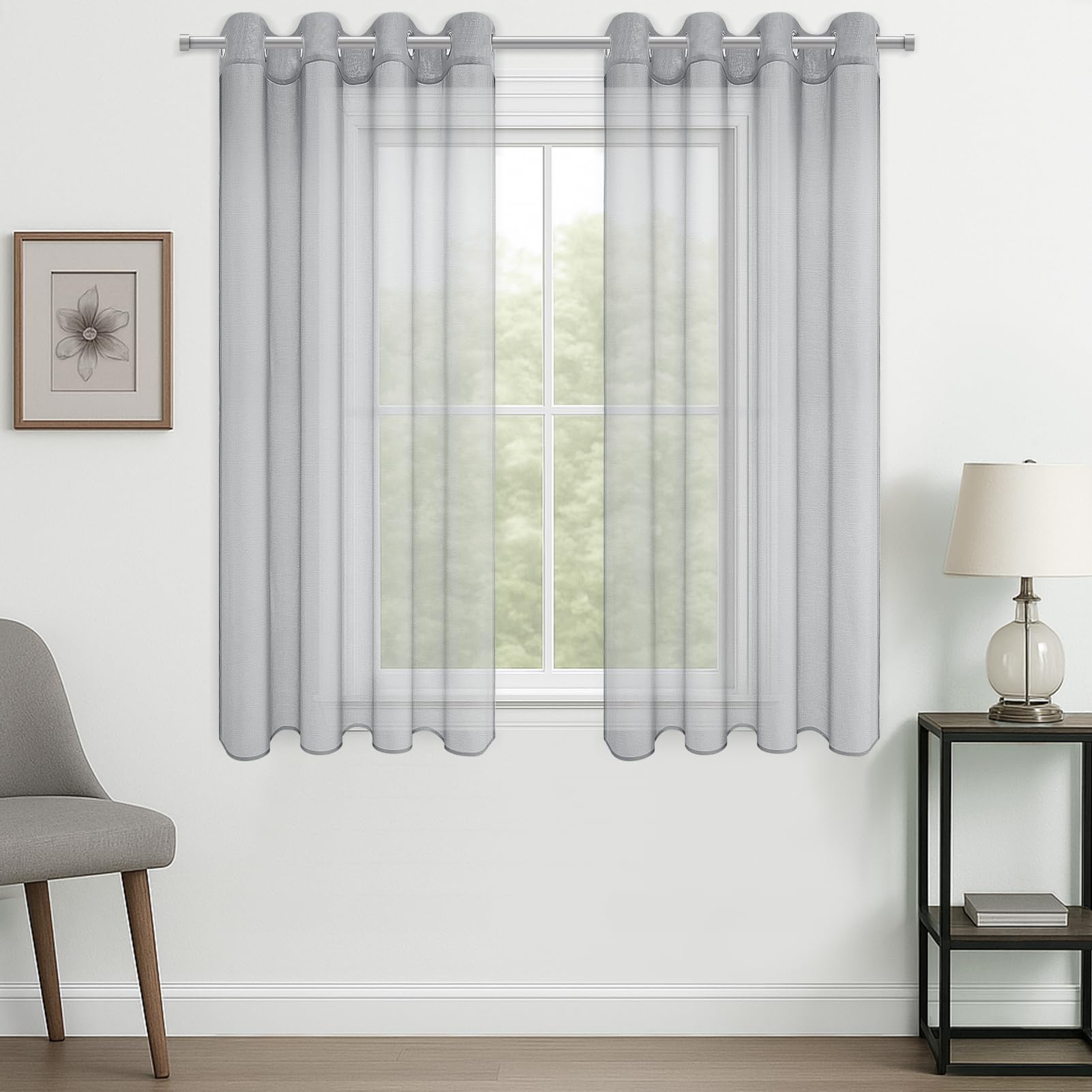 CUTEWIND Voile Ashy Curtains Semi Transparent Curtain Eyelet Panels for Living Room/Balcony/Sliding Door/Bedroom/Windows Modern Grommets Sliver Rings Designful Blinds Drapes,Sets of 2(Grey,55"Wx57"L)