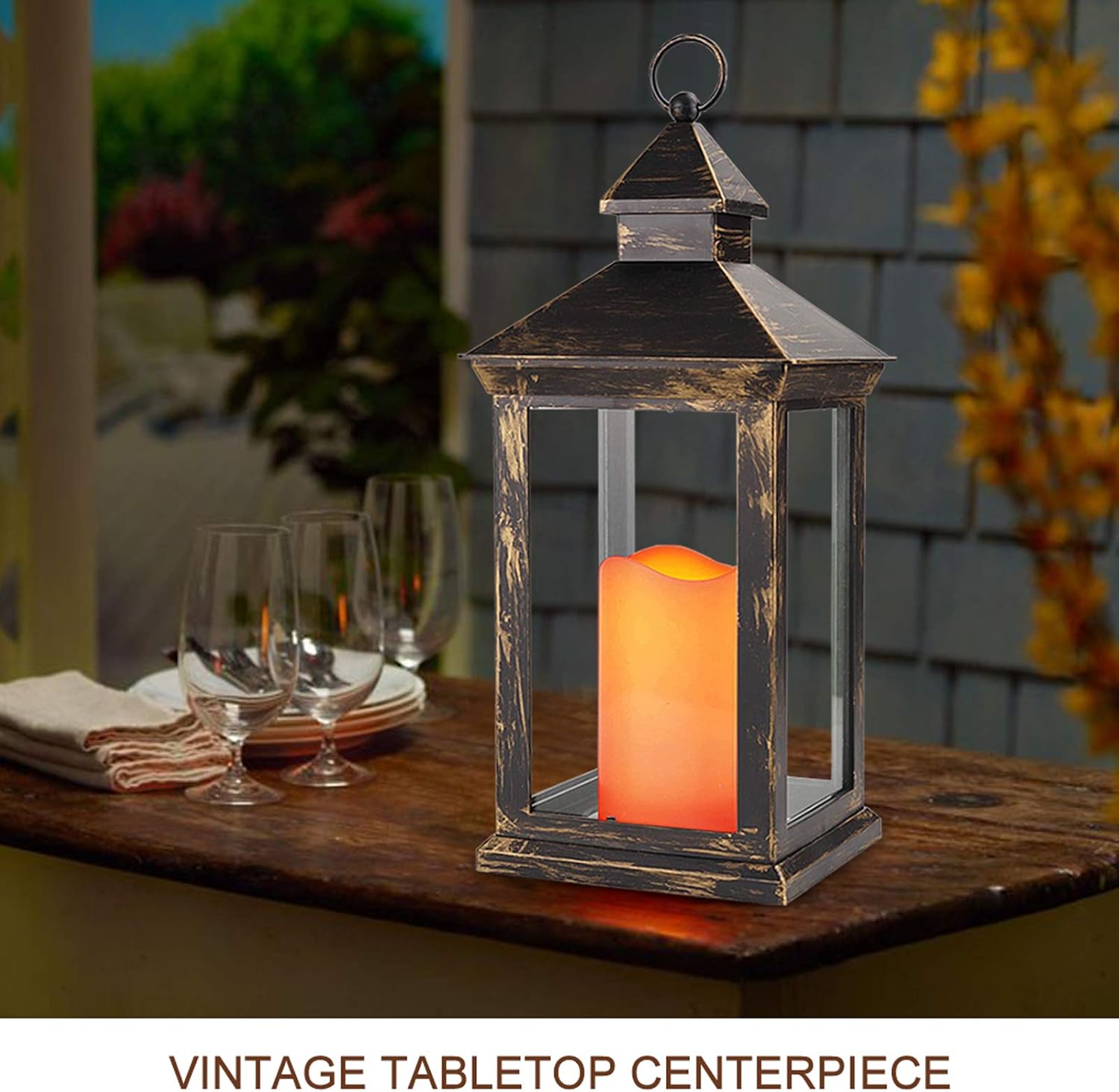 Bright Zeal 2-Pack 14" Outdoor Lanterns With LED Candles And Timer - Distressed Bronze Lanterns Battery Powered LED Decorative Outdoor Lanterns Battery Operated Lamps Waterproof -LED Tabletop Lanterns: Home & Kitchen