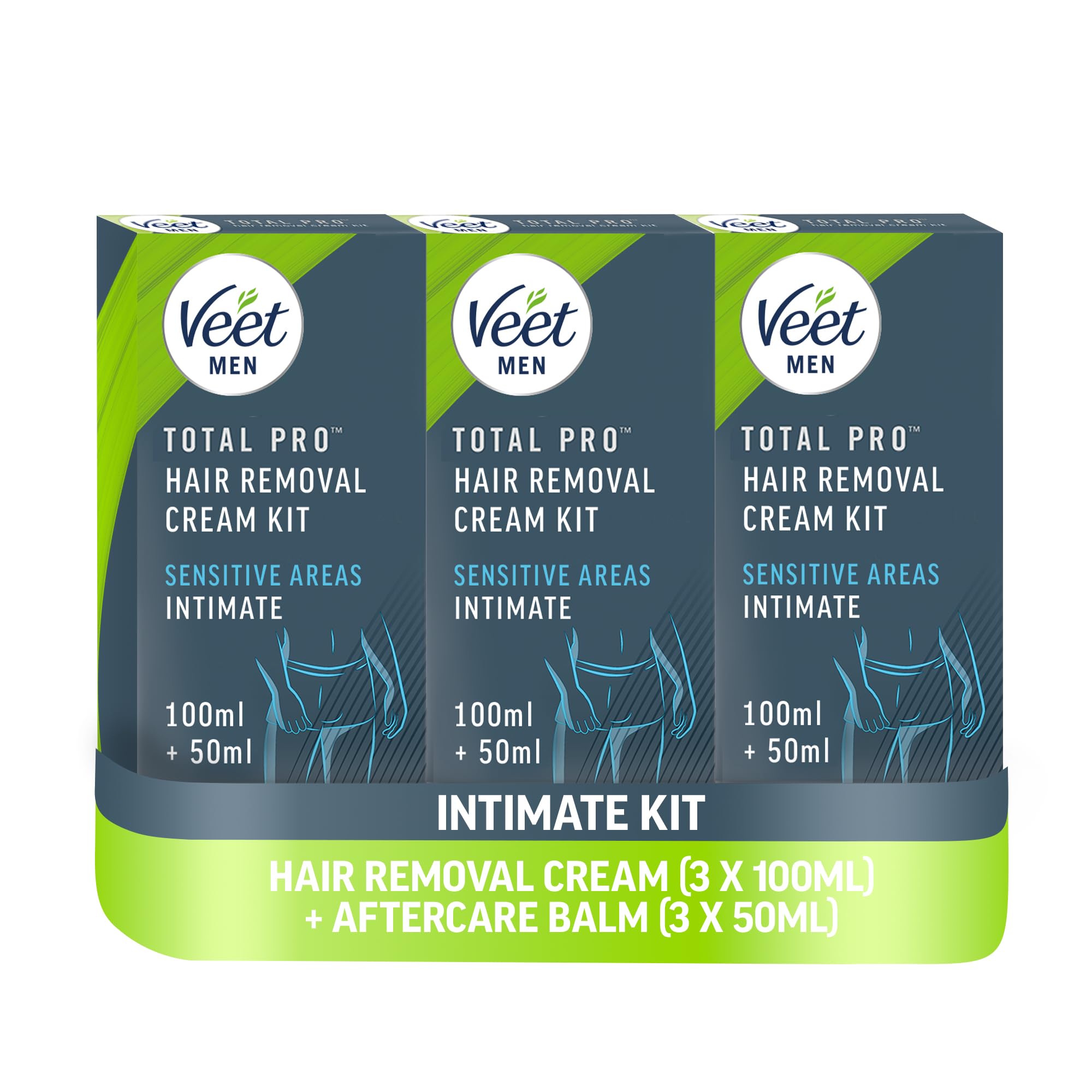 Veet Men Intimate Hair Removal Kit, with Aftercare Balm, Sensitive, 100 ml + 50 ml (Pack of 3), 1 Spatula, No Risk of Cuts, 7 Days of Smoothness, Dermatologically Tested (Packaging may vary)