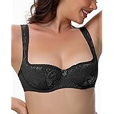 Pattsiao Women's Sexy Balconette Bra Lace Demi Half Cup Lightly Padded Underwire Low Cut Plus Size Bras Wide Straps