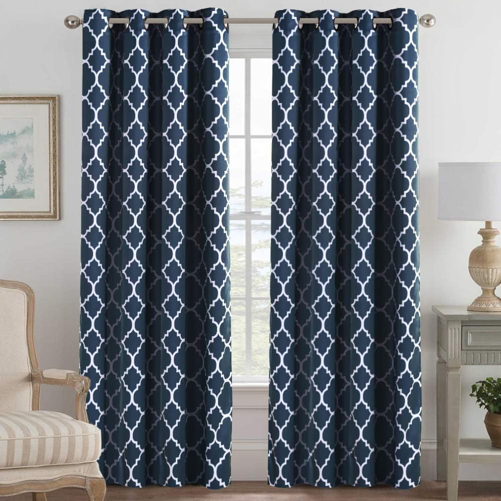 H.VERSAILTEX Blackout Curtains for Living Room/Bedroom Thermal Insulated Energy Saving Grommet Window Curtain Drapes (2 Panels) Geometric Moroccan Printed Draperies, Navy and White, 52 by 96 Inch