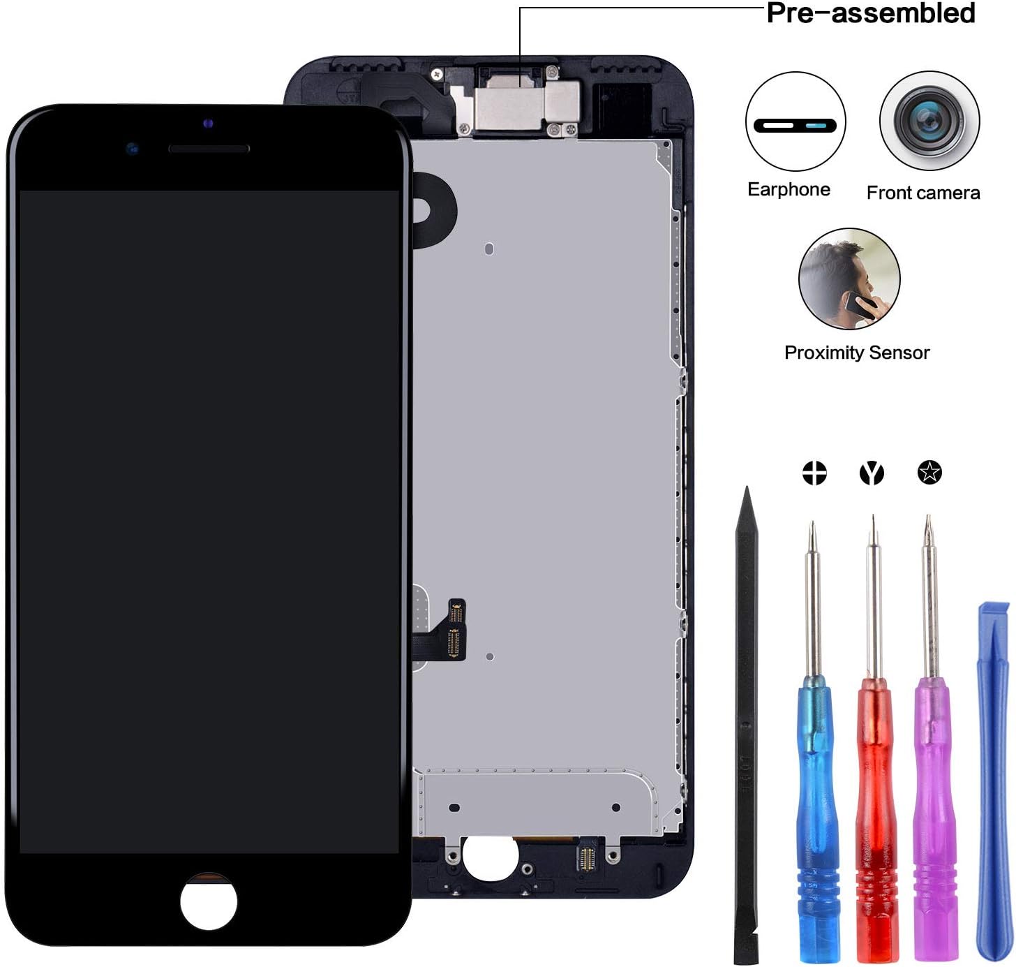 YPLANG Compatible for 7 Plus Screen Replacement 5.5'' Black LCD Digitizer Touch Screen Assembly Set with 3D Touch Replacement, Proximity Sensor,Front Facing Camera,Earpiece Speaker …