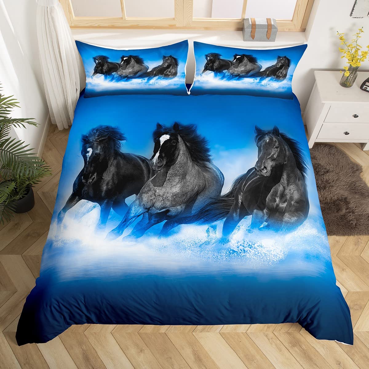 Black Horse Bedding Set Galloping Horse Duvet Cover Set for Kids Boys Girls Animal Comforter Cover Farm Animal Blue Duvet Cover Single Size