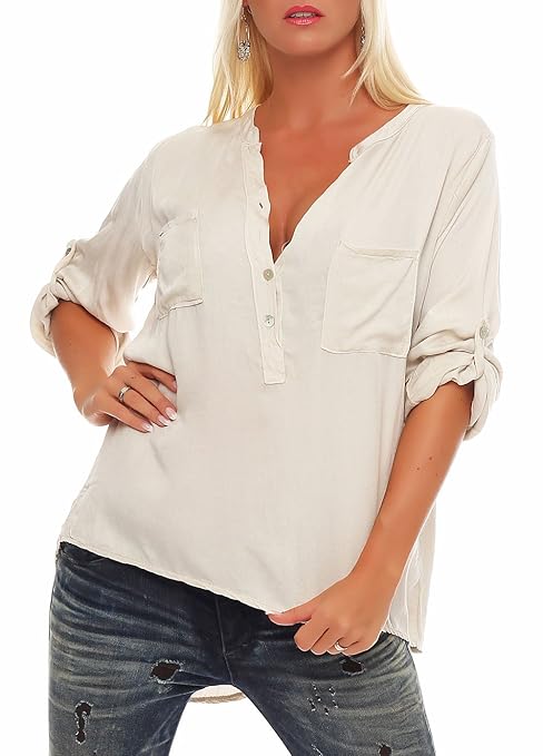 Malito Damen Bluse mit Knopfleiste | Tunika mit ¾ Armen | Blusenshirt auch Langarm tragbar | Elegant - Shirt 9015
