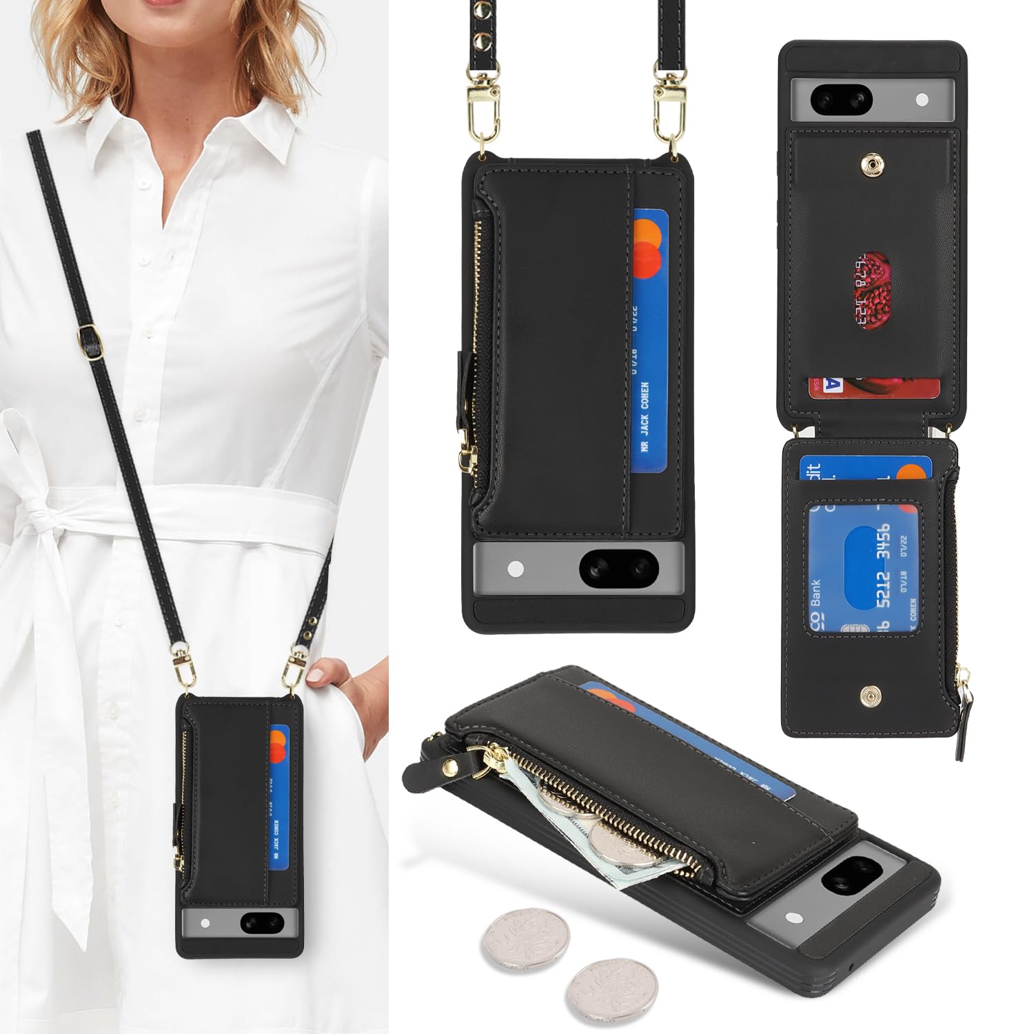 SailorTech for Google Pixel 7a Phone Case with Credit Card Holder for Women, Google Pixel 7a Leather Case Wallet Crossbody with Card Slots Zipper Shockproof Case for Men-Black — image 1