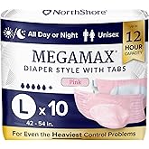 NorthShore MegaMax Adult Overnight Diapers, 12-Hour Tab-Style, Large, 10 Count Bag, Pink, 42-54 inches, Unisex Incontinence Underwear
