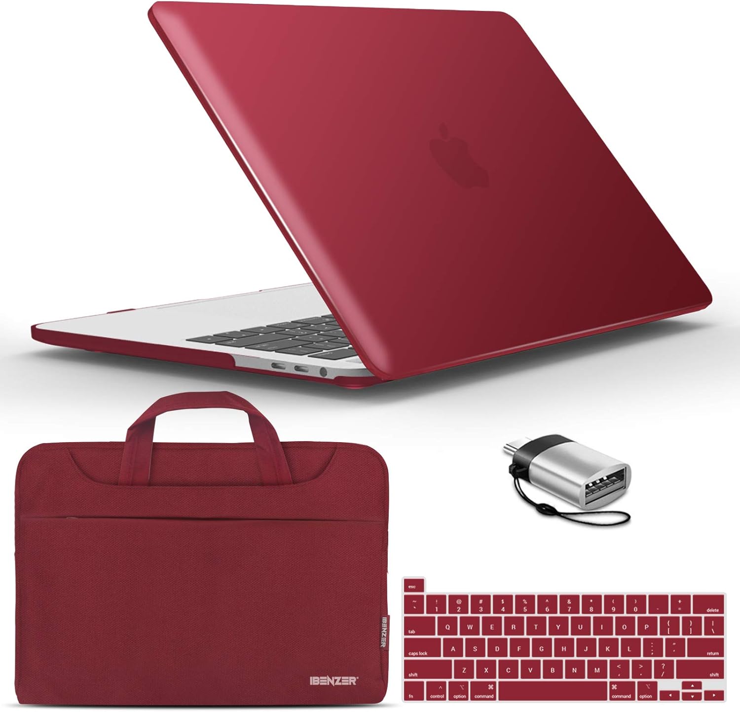 IBENZER New 2020 MacBook Pro 13 Inch Case M1 A2338 A2289 A2251 A2159 A1989 A1706 A1708, Hard Shell Case&Bag&Keyboard Cover&Type C for Apple Pro 13 with Touch Bar (2020-2016), Wine Red, T13-WR+3