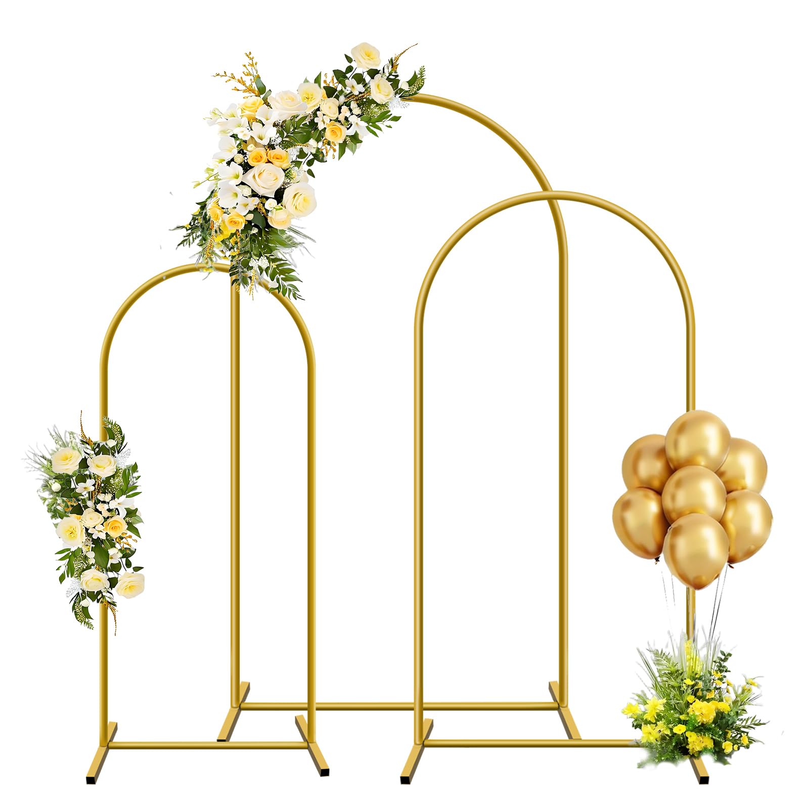 Photo 1 of YAYOYA Metal Arch Backdrop Stand, Set of 3 (4/5/6 ft) Wedding Arched Frame with 12 Ground Nails, Stable Arched Background Stand for Wedding, Baby Shower, Birthday Party, Photography, Gold